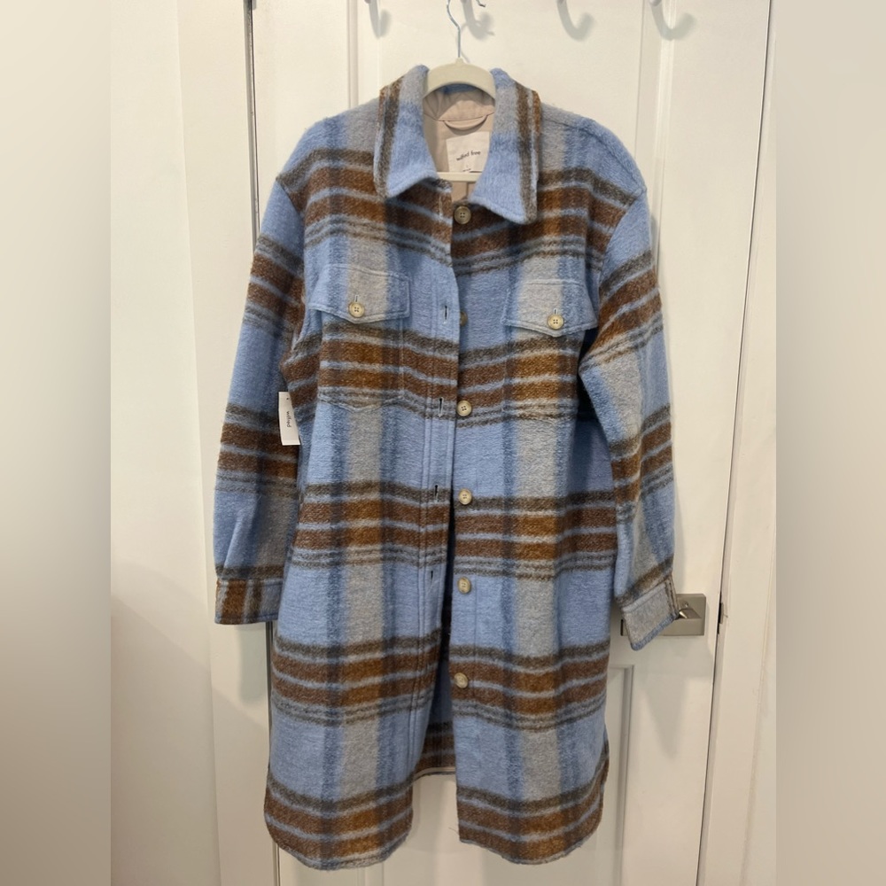 NWT Aritzia Wilfred Free Ganna Long Shirt Jacket Blue/Brown  Checkered